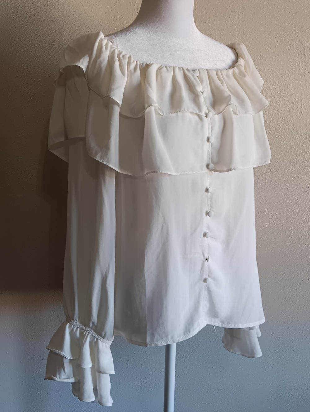 Cream Ruffle Fairy Boho Off Shoulder Blouse, Strut & Bolt Large, Flowy Whimsical